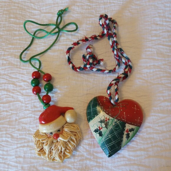 Handmade Christmas Pendant Necklaces Santa and Winter Patchwork Painted Heart - Picture 1 of 6